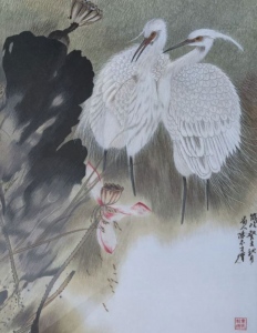 Lotus Cranes with Chinese Words by Qing Zhang